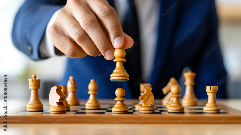 Strategic chess move with hand placing wooden pawn on chessboard, showcasing focus and concentration in competitive game Strategic chess move with hand placing wooden pawn on chessboard, showcasing focus and concentration in competitive game
