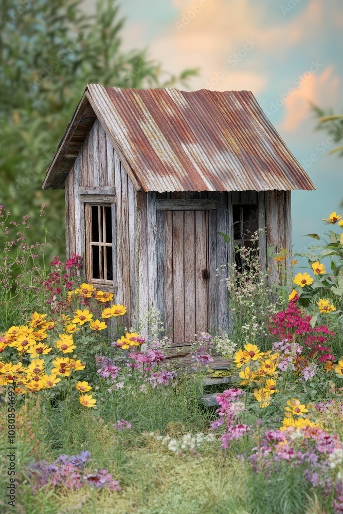 Rustic cabin surrounded by colorful flowers. Rustic cabin surrounded by colorful flowers.