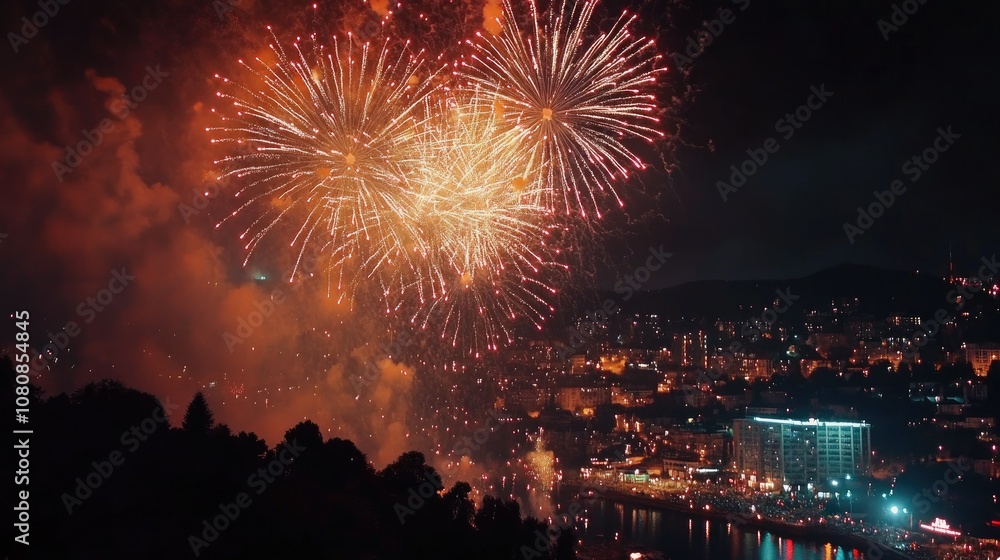Spectacular fireworks display over a city, illuminating the skyline with bright, colorful explosions Spectacular fireworks display over a city, illuminating the skyline with bright, colorful explosions