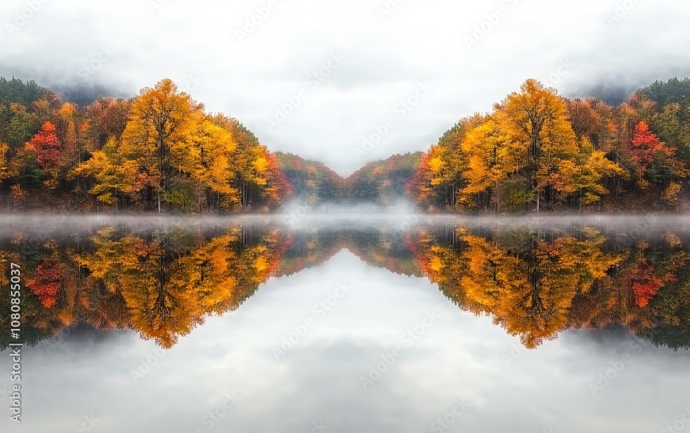 Fototapeta premium Autumn foliage reflects beautifully on a tranquil lake in the early morning mist, showcasing nature's vibrant colors