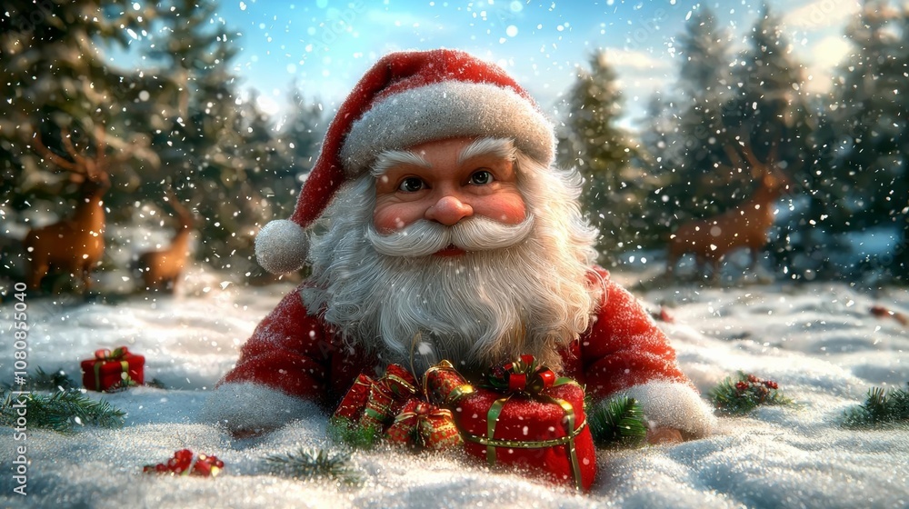 hyper realistic photo of Santa claus on the snow with a bag of gifts hyper realistic photo of Santa claus on the snow with a bag of gifts