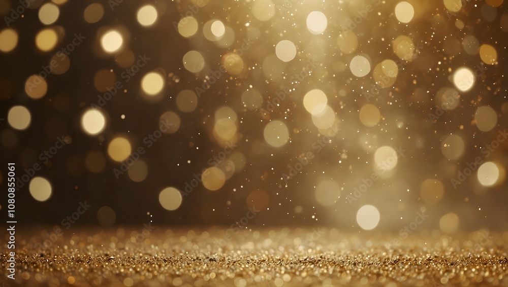 A dark background with many golden lights and circles, like glitter or sparkles, falling on a golden surface.

