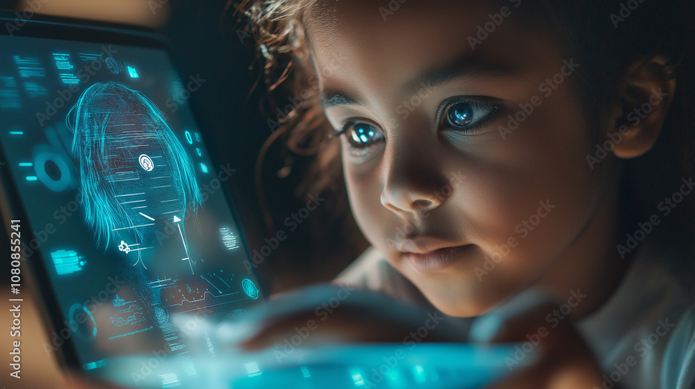 School-aged child interacting with a tablet featuring face ID and privacy holograms, representing secure digital learning School-aged child interacting with a tablet featuring face ID and privacy holograms, representing secure digital learning
