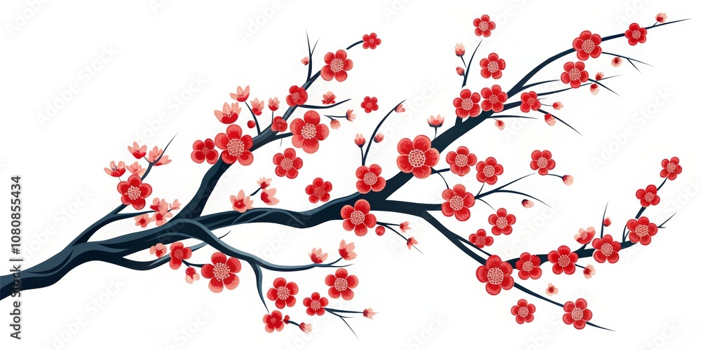Fototapeta premium Beautiful Illustrative Scene of Cherry Blossom Branch with Vibrant Red Flowers Set Against a Clean White Background for Artistic and Nature Inspired Projects