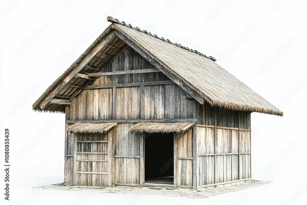 Wooden hut with thatched roof on white background. Wooden hut with thatched roof on white background.