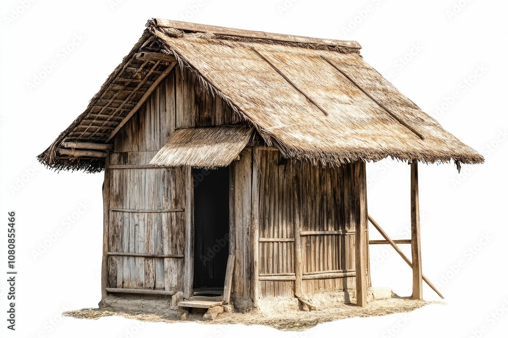 A small wooden hut with a thatched roof. A small wooden hut with a thatched roof.