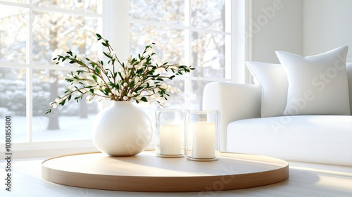 A serene living room scene featuring stylish vase with greenery, candles, and cozy sofa, illuminated by natural light from large windows. winter landscape outside adds tranquil touch