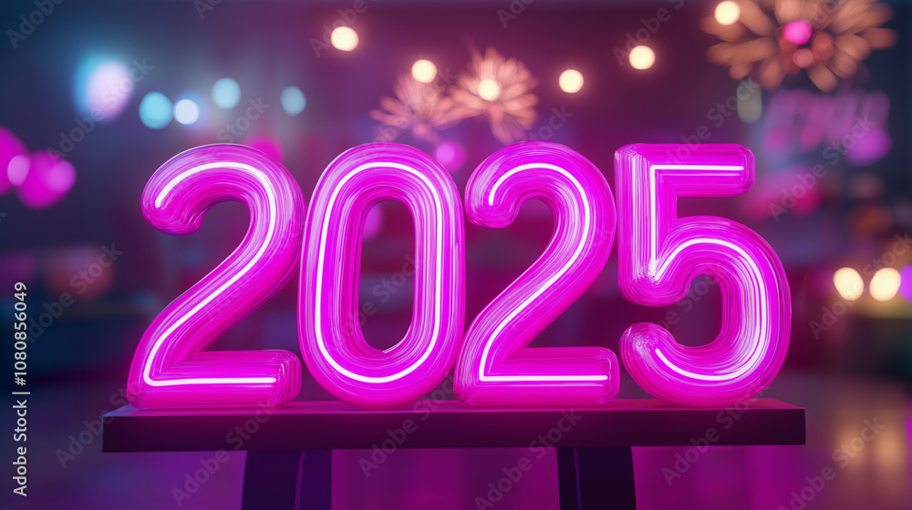 Neon 2025 Celebration Sign with Festive Background Neon 2025 Celebration Sign with Festive Background