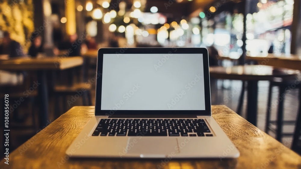 Laptop on a Wooden Table in a Cafe Laptop on a Wooden Table in a Cafe