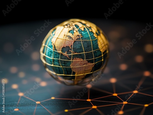 A miniature globe encased in a golden cage, levitating above a network of glowing orange lines on a black background. photo