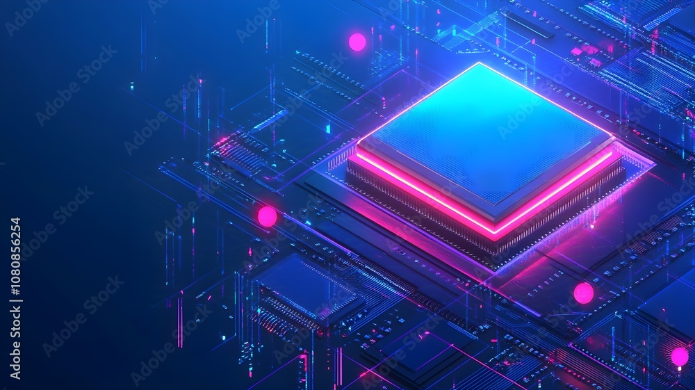 Fototapeta premium A sleek and modern design is complemented by a futuristic semiconductor chip that glows neon blue and is floating in a high-tech digital environment, surrounded by circuit board patterns and flowing