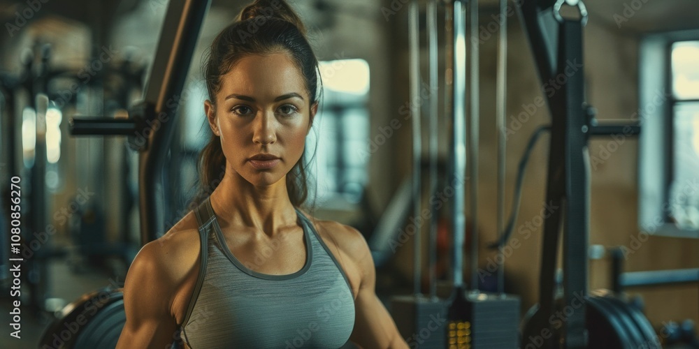 Fototapeta premium gym workout, fitness, strength training, woman exercising, determination, healthy lifestyle, muscular physique, indoor gym setting, focus and motivation, athletic woman