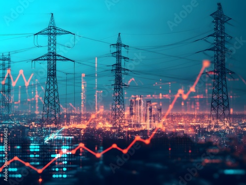 Abstract night view of a cityscape with high-voltage electricity towers and fluctuating digital graphs showcasing data trends and energy consumption in a modern urban setting