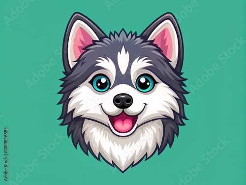 Cute Pomsky Icon Design for Pet Lovers Featuring an Adorable Dog Face with Bright Blue Eyes and a Playful Expression on a Vibrant Background