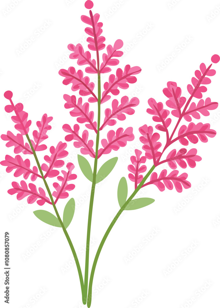 Pink Wildflowers with Green Leaves Illustration, Vector illustration of pink wildflowers featuring delicate stems, small clustered blossoms, and green leaves, creating a fresh and vibrant floral desig Pink Wildflowers with Green Leaves Illustration, Vector illustration of pink wildflowers featuring delicate stems, small clustered blossoms, and green leaves, creating a fresh and vibrant floral desig