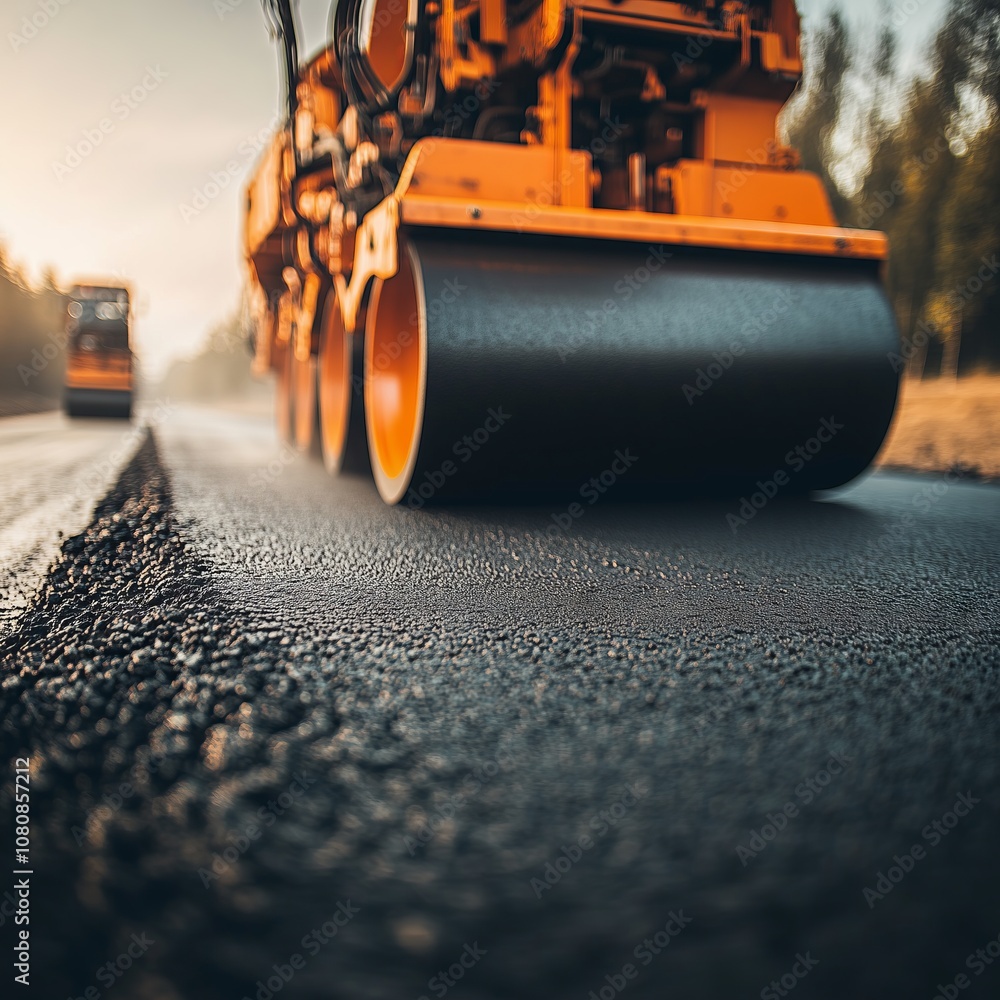 Road roller compacting fresh asphalt on a highway construction site Road roller compacting fresh asphalt on a highway construction site