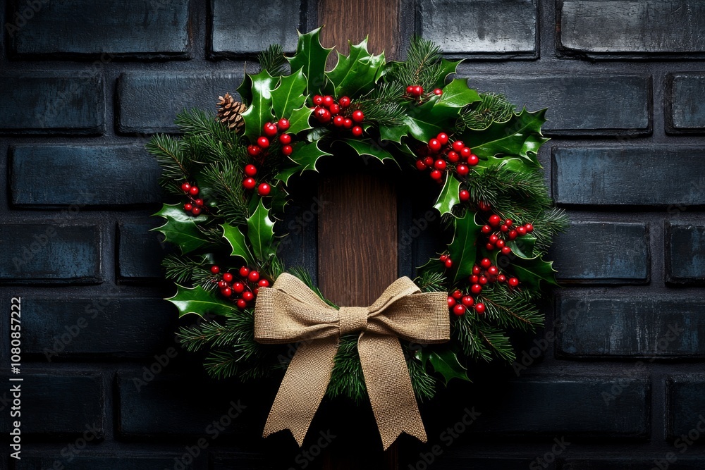 Wreath made of mixed greenery, red holly berries, and a burlap ribbon, hanging on a vintage door Wreath made of mixed greenery, red holly berries, and a burlap ribbon, hanging on a vintage door