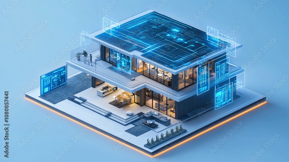 A modern, futuristic home with digital interfaces showcasing its smart home technology. A modern, futuristic home with digital interfaces showcasing its smart home technology.