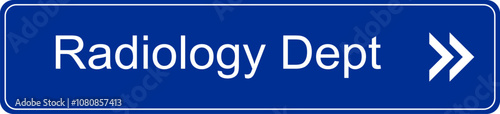 Blue and white vector graphic of a direction sign inside a hospital pointing to the radiology department