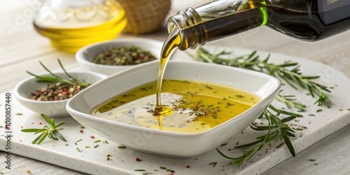 A drizzle of olive oil flowing gently from a small pourer into a white dish capturing the glossy texture and rich color of the oil as it mingles with a sprinkle of herbs. photo