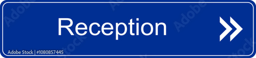 Blue and white vector graphic of a direction sign inside a hospital pointing to hospital reception