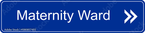 Blue and white vector graphic of a direction sign inside a hospital pointing to the maternity ward
