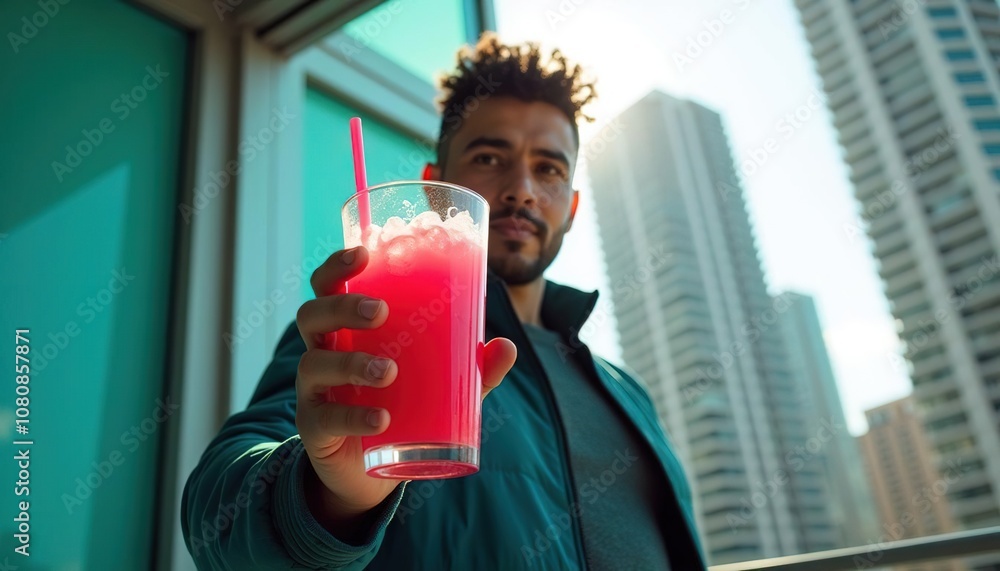 Fototapeta premium Man offers a refreshing drink with a straw on a sunny city street