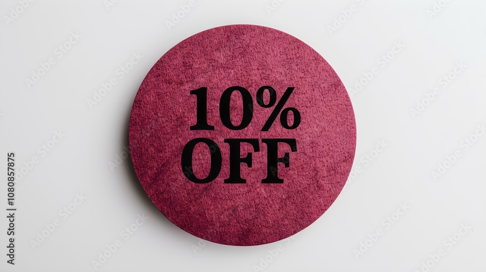 Black '10% OFF' Text on a Burgundy Round Paper Note. White Background with Copy Space Black '10% OFF' Text on a Burgundy Round Paper Note. White Background with Copy Space