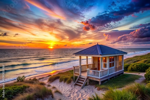 Serene Summer Sunset at Beach House with Vibrant Dusk Sky and Gentle Waves  Perfect for Tranquil Vacation Memories and Coastal Getaways