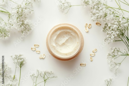 Oatmeal cream in a wooden bowl with flowers.