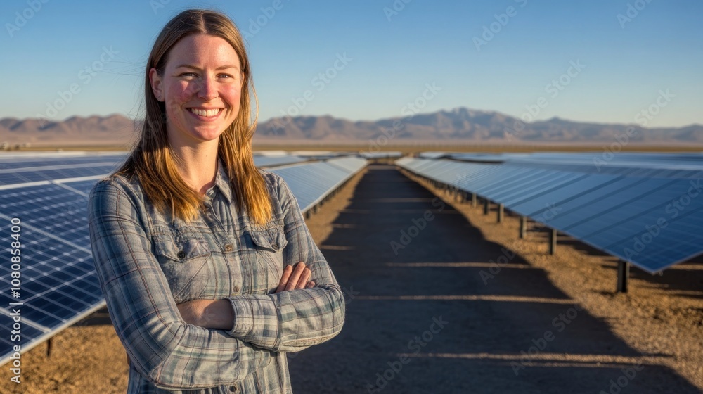 Woman Smiling in Front of Solar Panels Woman Smiling in Front of Solar Panels
