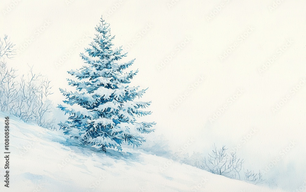 A solitary pine tree covered in snow stands gracefully on a snowy hillside during a quiet winter morning A solitary pine tree covered in snow stands gracefully on a snowy hillside during a quiet winter morning