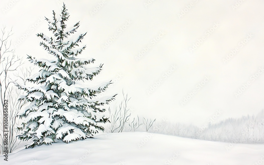 Snow-covered evergreen tree in a serene winter landscape at dawn, showcasing a tranquil atmosphere and soft light Snow-covered evergreen tree in a serene winter landscape at dawn, showcasing a tranquil atmosphere and soft light