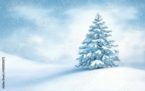 A snowy landscape showcasing a frosted evergreen tree under a cloudy sky during winter in a serene, peaceful setting