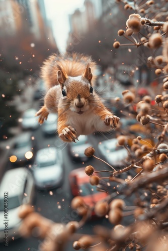 Giant squirrel jumping through trees and buildings in the urban park, with cars below looking like tiny toys photo