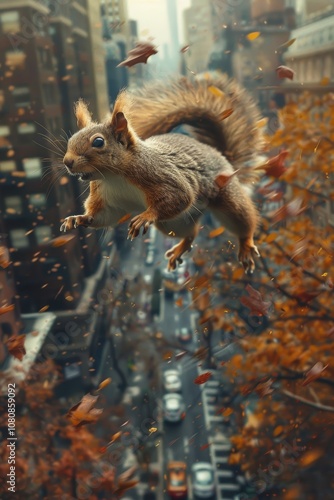 giant squirrel in the city park, leaping between trees and buildings, with cars appearing like toy-sized photo