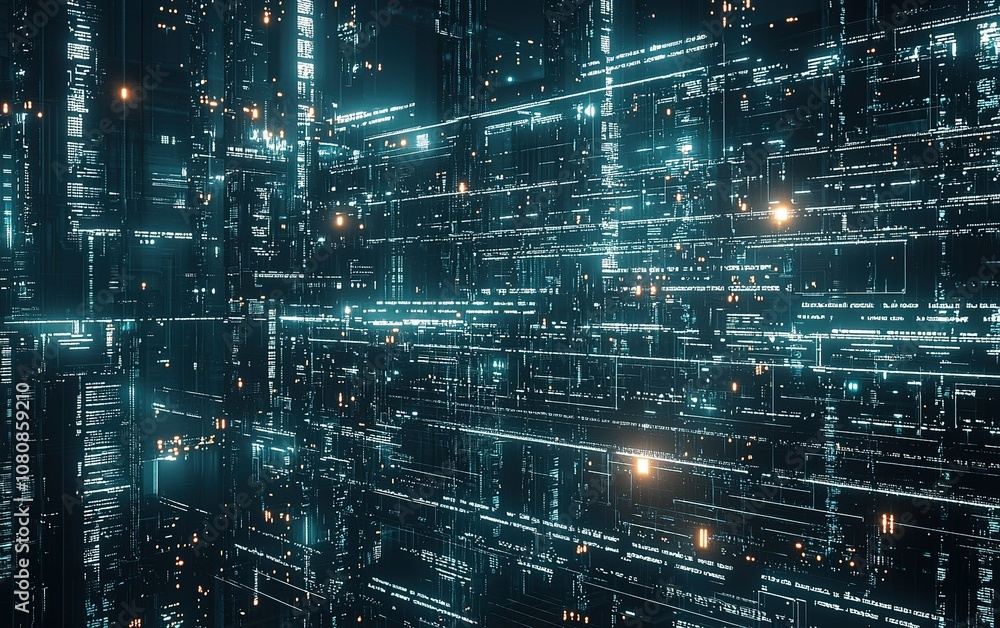 Futuristic digital landscape with glowing networks and intricate data structures in a high-tech environment Futuristic digital landscape with glowing networks and intricate data structures in a high-tech environment