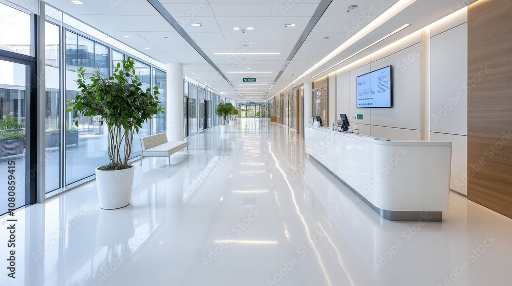 A modern, spacious office lobby featuring sleek white floors, large windows, and minimalist reception desk. bright environment is enhanced by greenery, creating welcoming atmosphere A modern, spacious office lobby featuring sleek white floors, large windows, and minimalist reception desk. bright environment is enhanced by greenery, creating welcoming atmosphere
