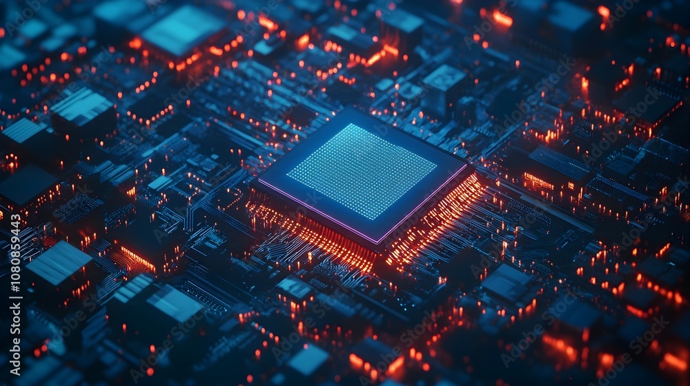 Futuristic semiconductor chip with glowing neon blue light effects, floating in a high-tech digital environment, surrounded by circuit board patterns and flowing data streams, sleek and modern design Futuristic semiconductor chip with glowing neon blue light effects, floating in a high-tech digital environment, surrounded by circuit board patterns and flowing data streams, sleek and modern design