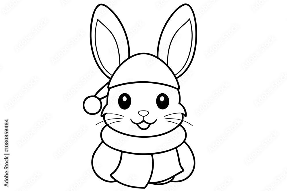 Outline of Cute Bunny in Santa Hat and Scarf Outline of Cute Bunny in Santa Hat and Scarf