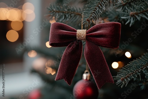 A sophisticated maroon bow with glittering accents hangs from the green branches of a Christmas tree, contributing to the lively and festive holiday atmosphere. photo