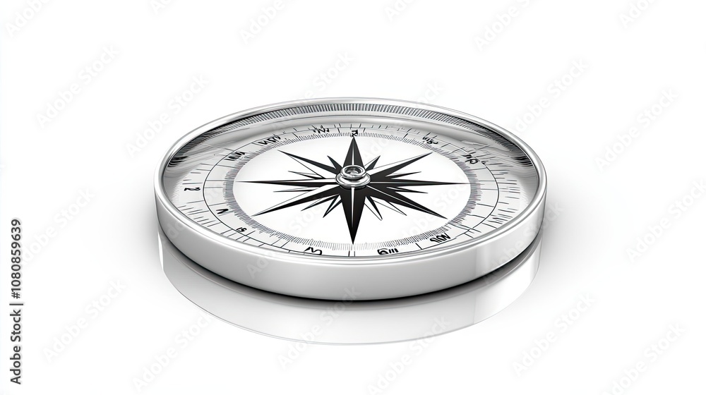 Silver Compass with Black Star-Shaped Needle on White Background Silver Compass with Black Star-Shaped Needle on White Background