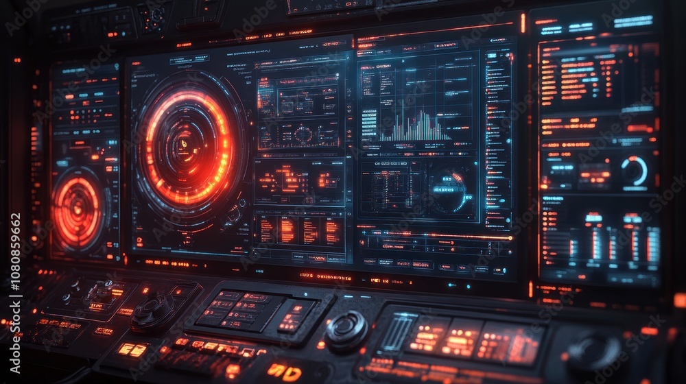 Obraz premium Futuristic control panel with glowing interfaces and data displays.