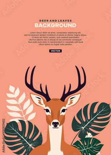 Illustration of a deer with tropical leaves background.