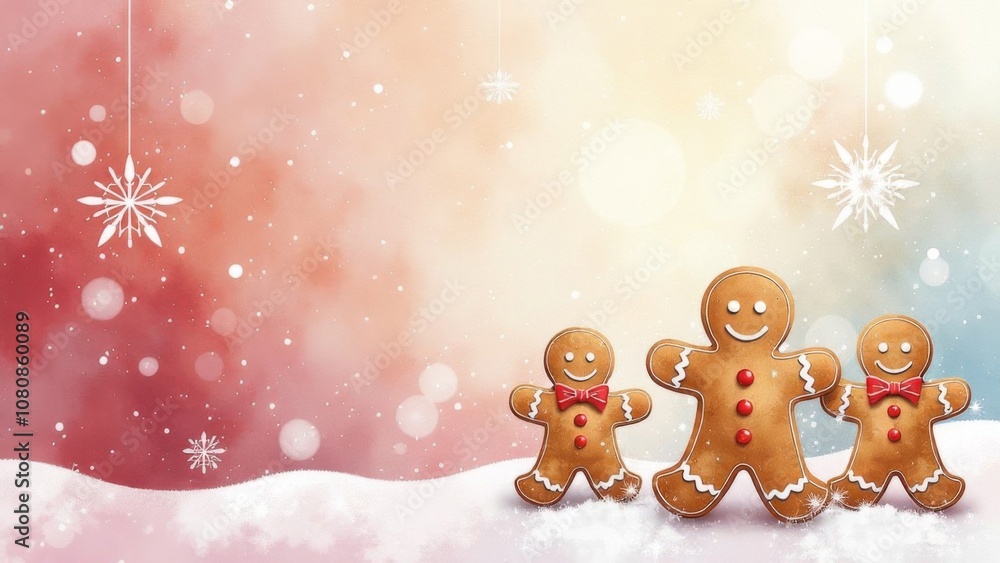 Weihnachtskarte mit Lebkuchenfiguren in roten Schleifen auf einer Schneedecke, vor einem sanften Farbverlauf-Hintergrund mit Schneeflocken und hängenden Sternen. Textfreiraum vorhanden. Generative KI