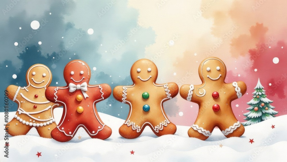 Fototapeta premium Fröhliche Weihnachtskarte mit vier liebevoll verzierten Lebkuchenfiguren in einer Schneelandschaft, vor einem Farbverlauf-Hintergrund mit Schneeflocken und einem kleinen Tannenbaum. Generative KI.