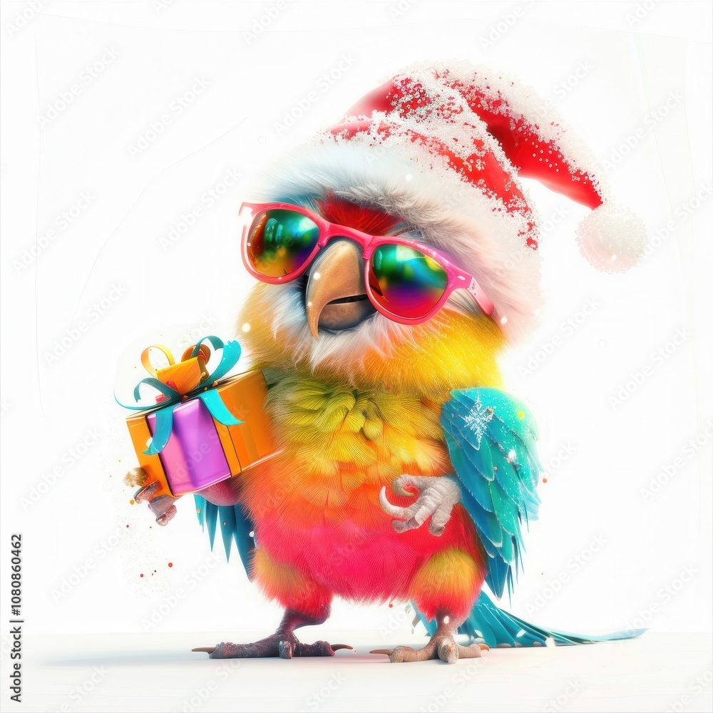 Fototapeta premium A cheerful parrot in a Santa hat enjoys the festive spirit while holding a colorful gift