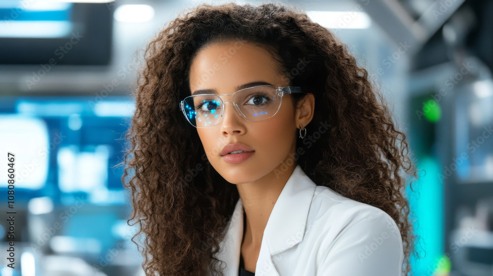 Obraz premium woman with curly hair and glasses wears white lab coat in modern laboratory setting, exuding confidence and intelligence. Her focused expression suggests dedication to her scientific work