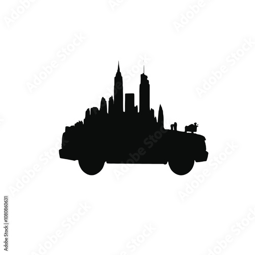 A black silhouette of a car with various city landmarks and skyscrapers on top of it