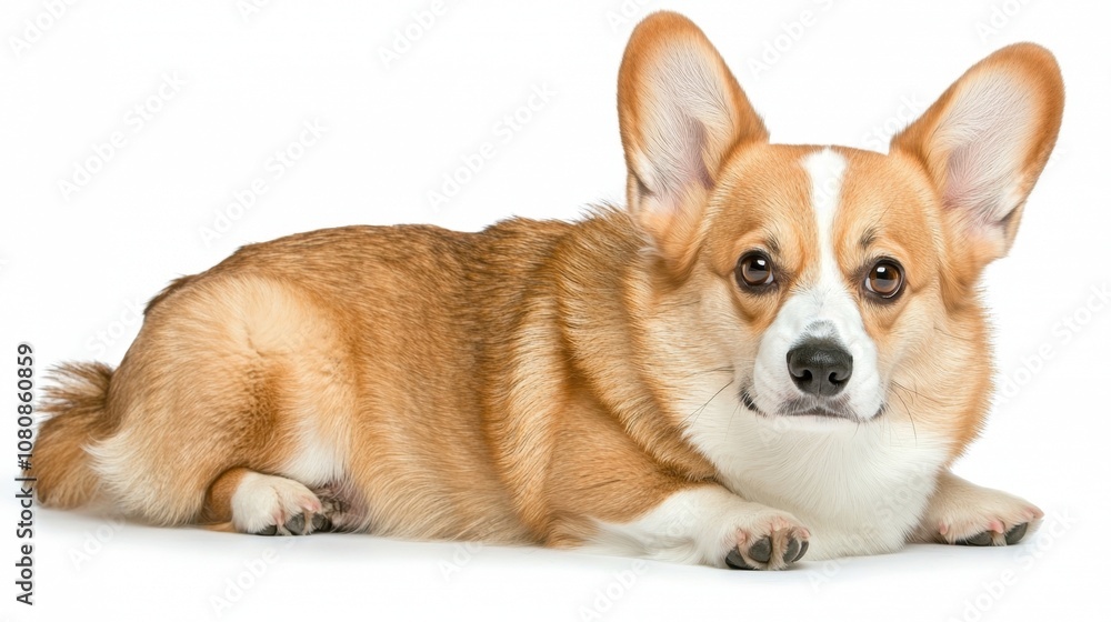 Adorable Pembroke Welsh Corgi Lying on White Background with Expressive Eyes and Fluffy Coat Perfect for Pet Lovers and Animal Enthusiasts Adorable Pembroke Welsh Corgi Lying on White Background with Expressive Eyes and Fluffy Coat Perfect for Pet Lovers and Animal Enthusiasts